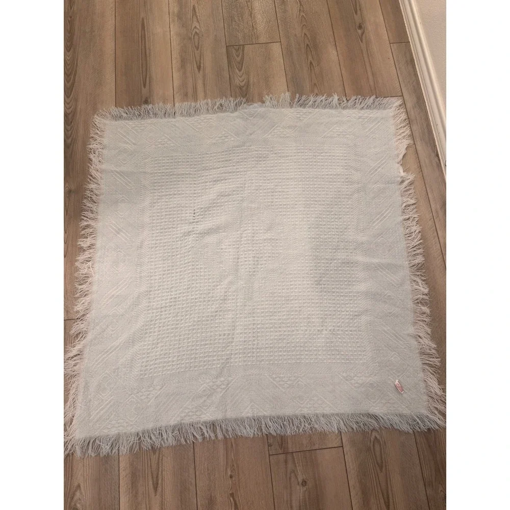 Vintage Yellow Bird‎ Baby Blanket Light Blue Woven Waffle Fringe Japan 39x39
